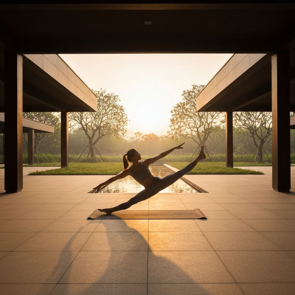 Person in stretching pose at distance with obscured face in peaceful natural setting, representing mindful movement and balance in wellness
