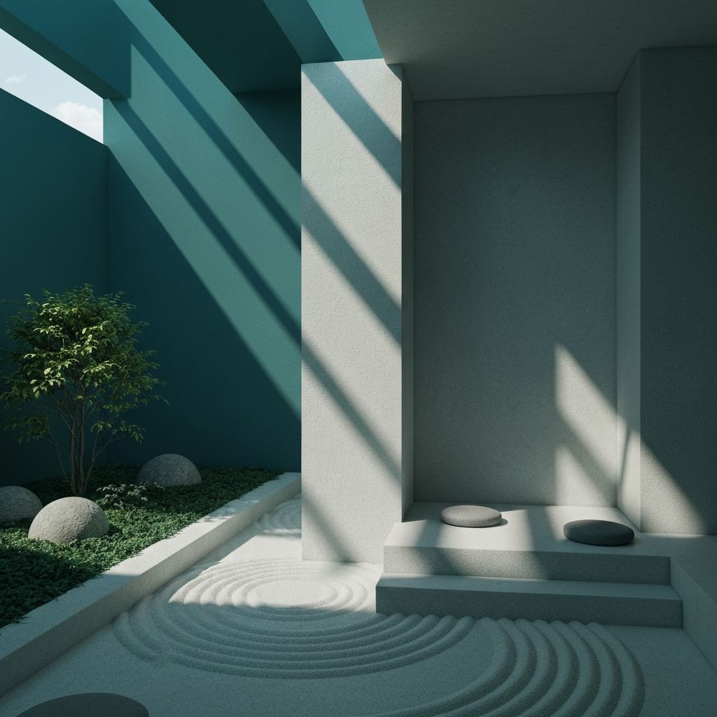 Abstract representation of mental wellness through geometric light effects and peaceful architectural spaces, conveying calm and structural clarity