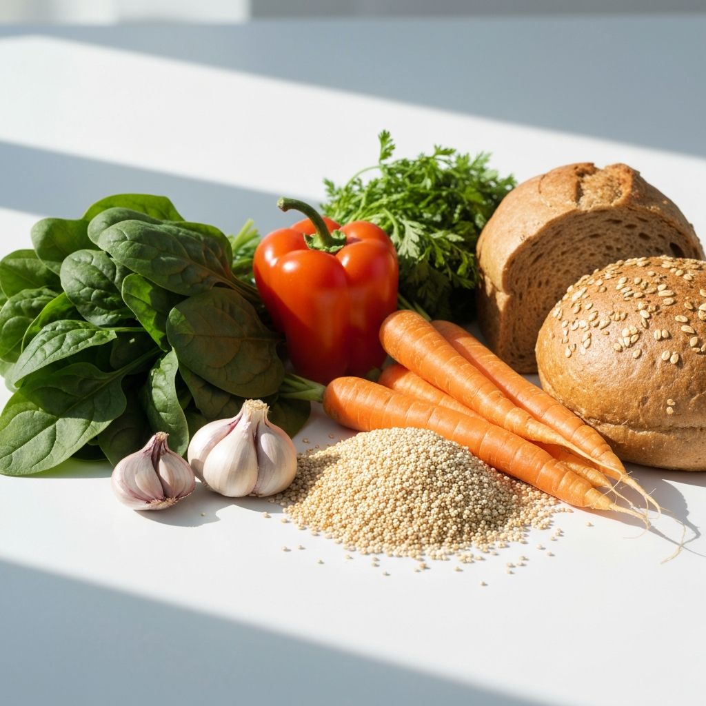 Fresh vegetables and whole grains arranged on a clean surface, showing variety of nutrient-rich ingredients for balanced meal preparation